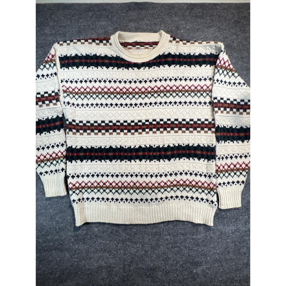 VTG 90s Berwick Fair Isle Cotton Sweater Cream Multicolor Large USA Made